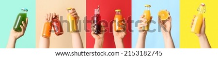Female hands with different healthy smoothies in bottles on colorful background