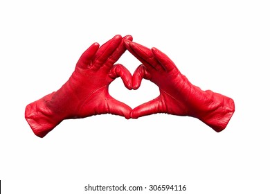 Female hands in the form of heart isolated on white background. Red leather gloves love autumn concept - Powered by Shutterstock