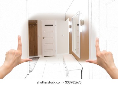 Female Hands Framing Custom Anteroom Design. Combination Drawing And Photo.