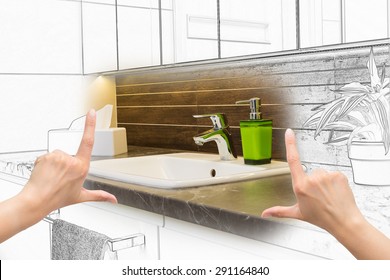 Female Hands Framing Custom Bathroom Design. Combination Drawing And Photo.