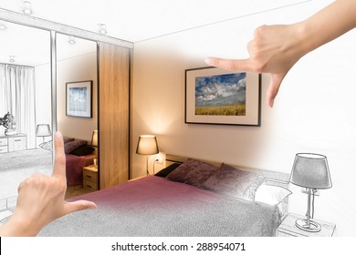 Female Hands Framing Custom Bedroom Design. Combination Drawing And Photo.