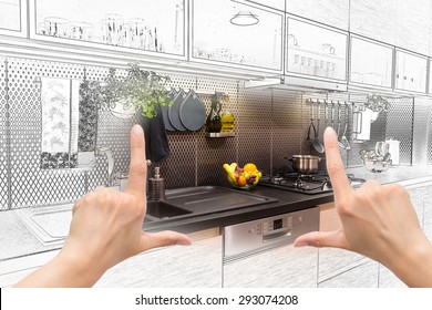 Female Hands Framing Custom Kitchen Design. Combination Drawing And Photo.