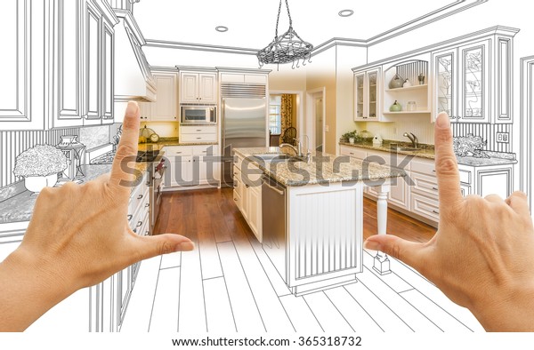 Female Hands Framing Custom Kitchen Design\
Drawing and Square Photo\
Combination.