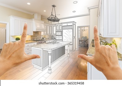 Female Hands Framing Gradated Custom Kitchen Design Drawing and Photo Combination. - Shutterstock ID 365319458