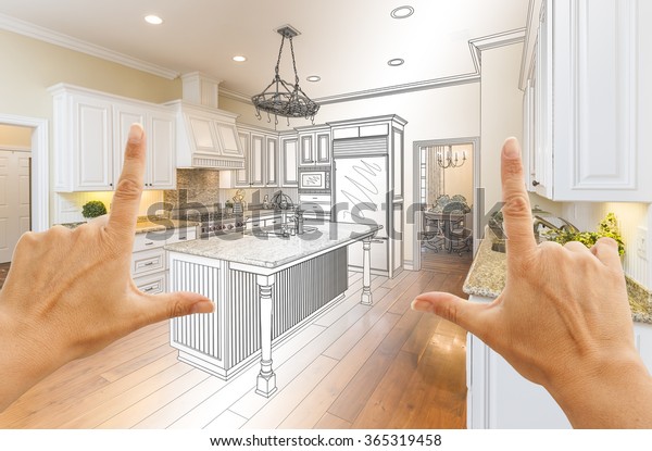 Female Hands Framing Gradated Custom Kitchen\
Design Drawing and Photo\
Combination.