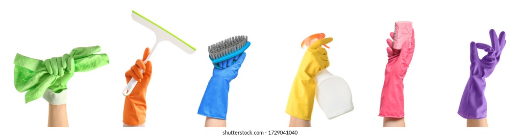 Female hands in gloves with cleaning supplies on white background - Powered by Shutterstock