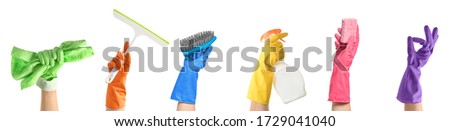 Female hands in gloves with cleaning supplies on white background
