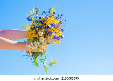 female hands hold a bouquet of wild flowers against the sky on a sunny summer day - Powered by Shutterstock