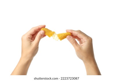 Female Hands Hold Cheese Stick, Isolated On White Background