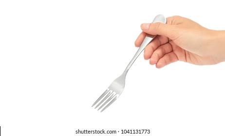 Female hands hold a fork. Isolated on white background. copy space, template.
