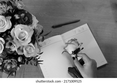 Female hands hold a rose flower. Notebook, diary with a pen on a wooden table near a bouquet of multi-colored roses in the background. Top view, flat lay. Grayscale photo..