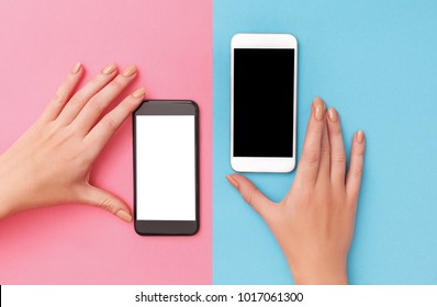 Female Hands Hold Two Phones Black And White
