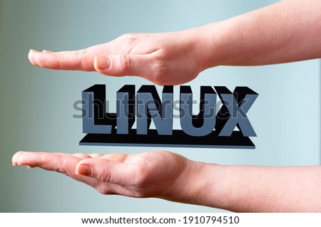 Female hands hold the word LINUX on a light background. Technology concept