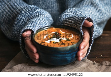 Female hands holding a bowl of pumpkin soup ストックフォト © 