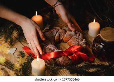 Female Hands Holding Christmas Cake