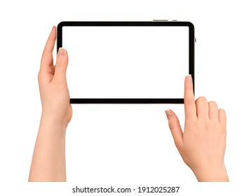 Female Hands Holding Digital Tablet On Isolated White Background. Swipe The Screen