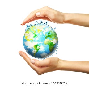 Female Hands Holding Globe Isolated On White