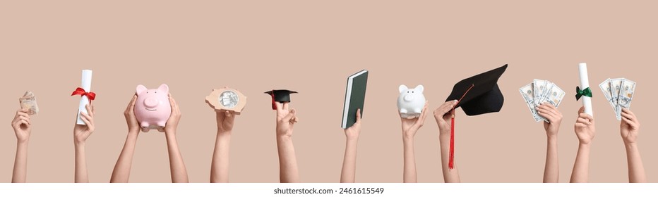 Female hands holding graduation hats with piggy banks, money, diplomas and book on beige background - Powered by Shutterstock