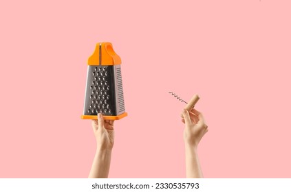 Premium Photo  Flat lay cheese grater stainless steel cheese grater with  pink handle white background lifestyle