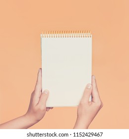 Female hands holding open a blank Notepad for notes on the peach background. Toned. - Shutterstock ID 1152429467