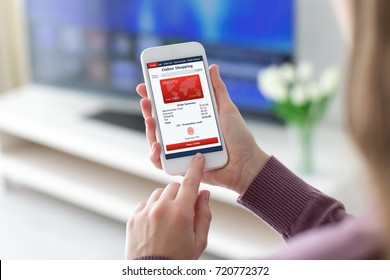 Female Hands Holding Phone With App Online Shopping Finger Touch And Pay 