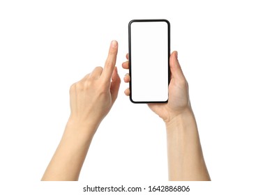 Female hands holding phone with empty screen, isolated on white background - Shutterstock ID 1642886806