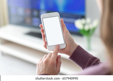 Female Hands Holding Phone With Isolated Screen In Room Home