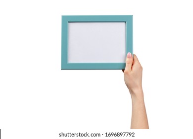 Female Hands Holding Photo Frame With Copy Space Isolated On White