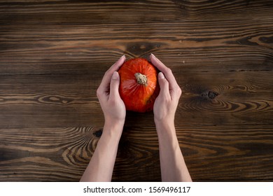 Female hands holding a small orange pumpkin over a wooden background, as a symbol of Halloween

