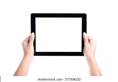 Female Hands Holding Tablet Computer With Isolated Screen And Background