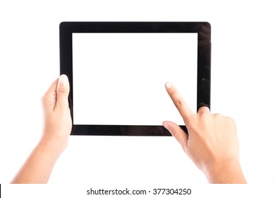 Female Hands Holding Tablet Computer And Finger Touch The Screen Isolate On White Background