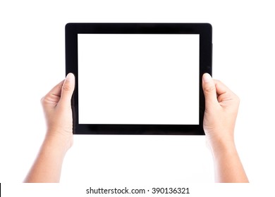 Female Hands Holding Tablet Computer With Isolated Screen And Background