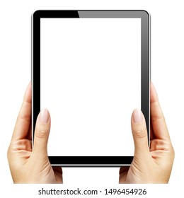 
Female Hands Holding Tablet In Ipad Black Style With Blank Touch Screen Isolated On White Background