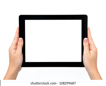 female hands holding a tablet touch computer gadget with isolated screen - Shutterstock ID 108299687