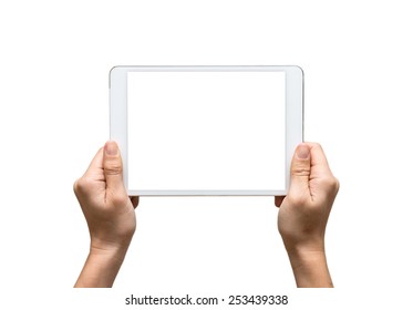 Female Hands Holding A Tablet Touch Computer Gadget On White Background