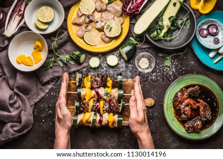 Image, Stock Photo Preparing meat skewers for grilling