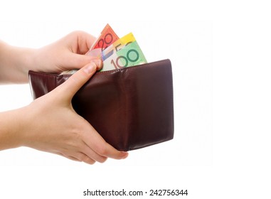 Female Hands Holding Wallet With Australian Money