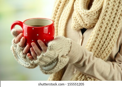 Female hands with hot drink, on light background - Shutterstock ID 155551205