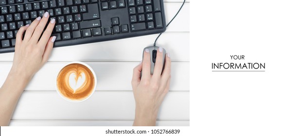 Female Hands Keyboard Mouse From Computer Cup Of Coffee Pattern On White Wooden Background Isolation