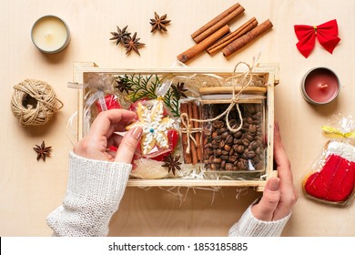 Female Hands Laid Care Package, Seasonal Gift Box With Coffee, Gingerbread And Cinnamon Personalized Eco Friendly Basket For Family, Friends For Thankgiving, Christmas, Mothers, Fathers Day Flat Lay 