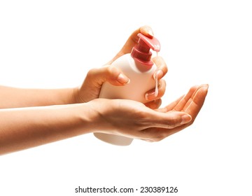 Female Hands With Liquid Soap - Isolated On White