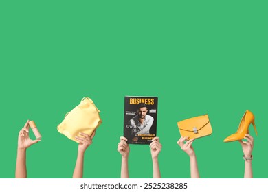 Female hands with magazine, high heel, makeup foundation and stylish bags on green background - Powered by Shutterstock