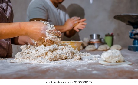 Female Hands Making Dough For Artisan Bread, Bakery Concept