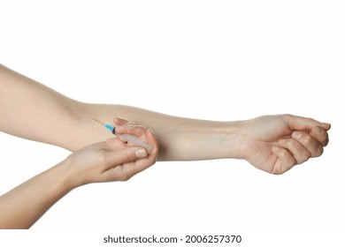 Female Hands Making Self Injection, Isolated On White Background