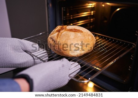 female hands in mittens take out freshly baked bread from an open oven