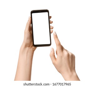Female hands with mobile phone on white background - Shutterstock ID 1677017965