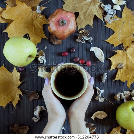 Female hands with mug of hot tea. Autumn still life with maple leaves, apples and pomegranate fruit on black wooden background. View from above