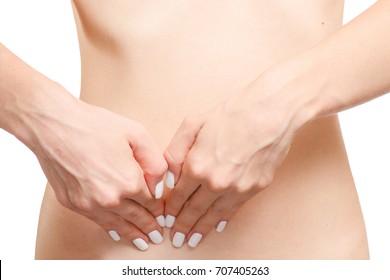 Female hands on female abdomen appendicitis on white background isolation