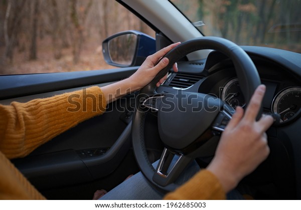 Female hands on\
the steering wheel of a car while driving. Against the background,\
the forest and road,\
Close-up
