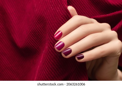 Female hands and pink nail design  Glossy pink gradient nail polish manicure  Model manicured hand dark red fabric background